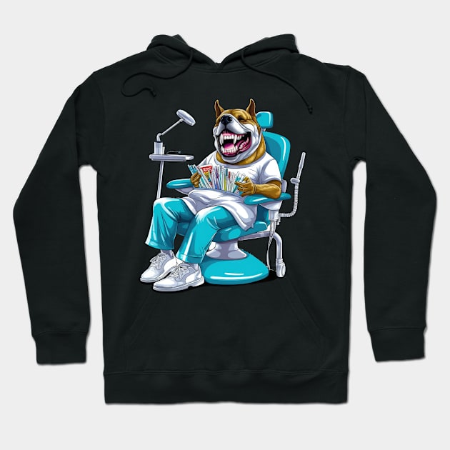 An English Bulldog sitting in front of a dentist's chair, wearing a blue surgical mask Hoodie by teestore_24